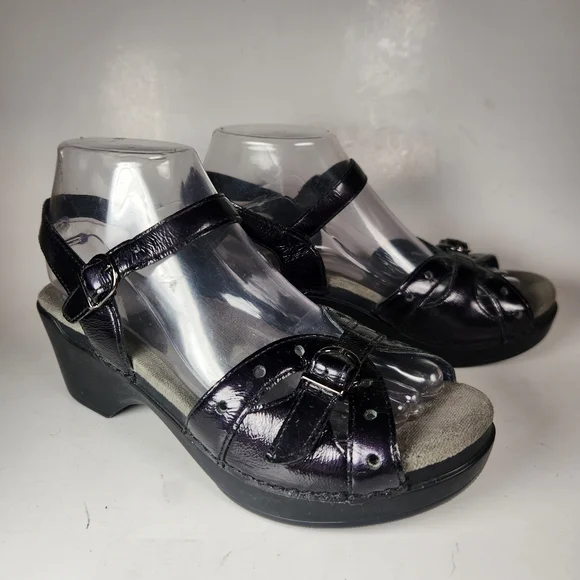 DANSKO Women's Sissie Sandal 38 / 7.5 Black Patent Leather Open Toe Strappy Shoe - Picture 1 of 11